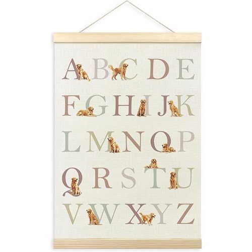 TLESKE Golden Retriever Alphabet ABC Chart Poster Hanger Frame, Homeschool Preschool Hanging Wall Art Decor for Golden Retriever Lover Kid Room Nursery Playroom, Dog ABC Picture 12x16