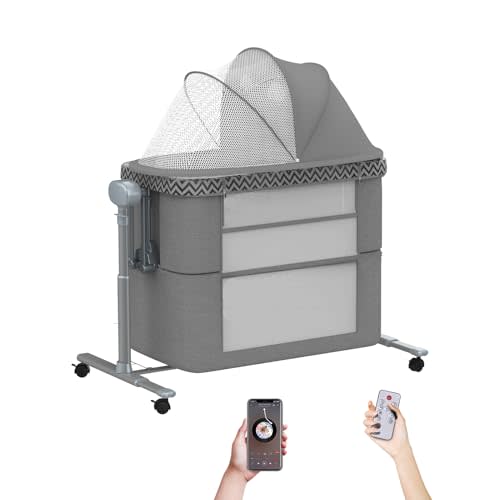 TaurRabble Electric Rocking Bassinet for Baby, 4 in 1 Baby Basinets Bedside Sleeper with Wheels, Automatic Bedside Bassinet, Crib in Bed Newborn with 10 lullabies (Deep Grey)