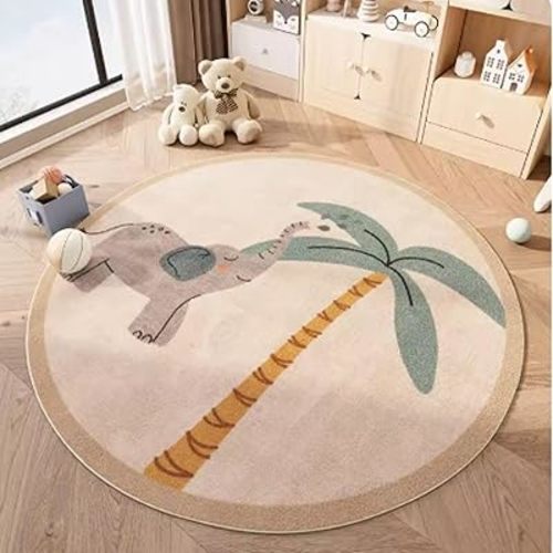 Cute Elephant Round Rug 3ft Cartoon Animal Elephant and Coconut Tree Pattern Kids Play Area Carpet Floor Mat, for Children Boys Girls Children's Room Bedroom Living Room Game Crawling Mat