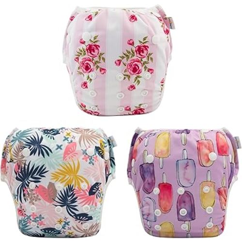 Babygoal Baby Girl Swim Diapers 3 Pack for 8M-3T Babies and Toddlers, Reusable Adjustable Washable for Swimming Lessons-Flower
