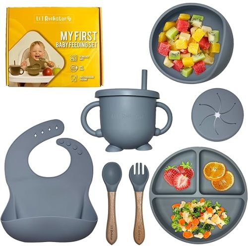 Li'l Rockstar Baby Led Weaning Supplies - Silicone Baby Feeding Set – Silicone Baby Bibs Suction Bowl Divided Plate Cup Self Feeding Spoons – Baby Toddler Dish Set (Blue)