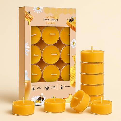 Unscented Beeswax Tea Lights Candles 30 Pack, 4 Hours Long Burning Handmade Yellow Tealight Candles, Clear Cup Smokeless Beeswax Candles for Wedding, Christmas Lights, Centerpiece & Home Decor