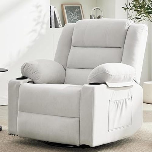 360°Swivel Rocker Recliner Chair for Adults,Manual Glider Recliner Sofa with Massage and Heating, Nursery Rocking Chairs with Cup Holds for Living Room Bedroom (Beige)