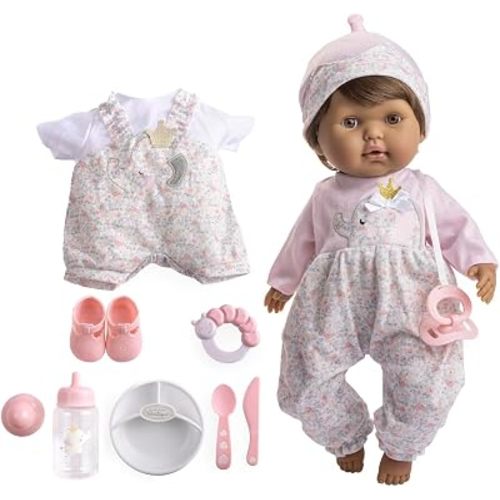 JC Toys 15" Realistic Soft Body Baby Doll with Brown Hair, Brown Eyes, Open/Close Eyes | 10 Piece Gift Set with Bottle, Rattle, Pacifier & Accessories | Pink | Ages 2+