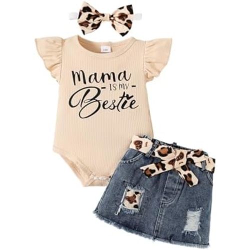 0-3 Years Baby Girls Summer Outfit Set - Sunflower Print Ruffle Romper + Leopard Bow Ripped Denim Skirt & Headband 3PCS