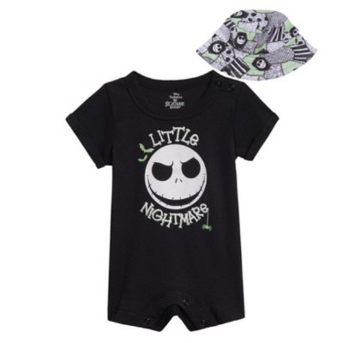 Disney Lion King Mickey Mouse Winnie the Pooh Nightmare Before Christmas Lilo & Stitch Baby Romper and Bucket Sun Hat Newborn to Infant, Color: Jack skellington, black, Size: 18 months