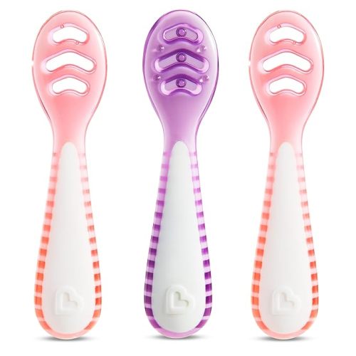 Munchkin® Gentle Dip™ Baby Spoons for Self Feeding and Baby Led Weaning, 3 Pack, Pink/Purple