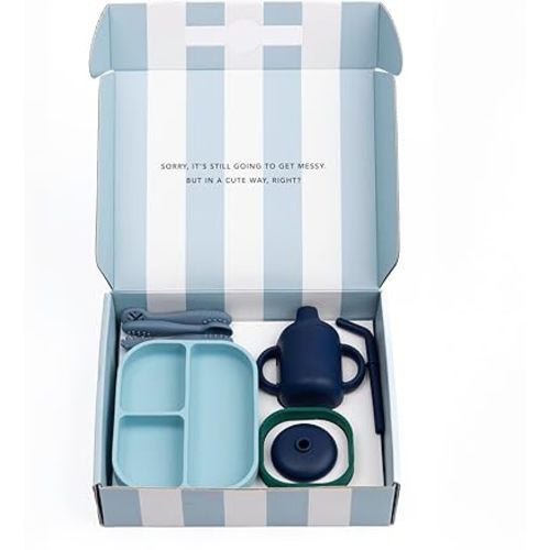 Bella Tunno Little Bites Bundle – Baby Feeding Set and Baby Led Weaning Supplies with 1 Baby Bowl, 1 Baby Plate, 3 Baby Utensils, 1 Cup, 2 Lids, 100% Food-Grade Silicone (Shooting Star)