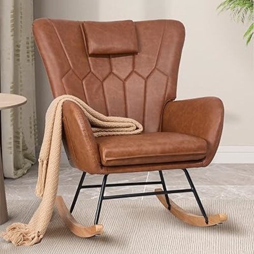 VECELO Rocking Chair Nursery with Thick Headrest, Modern PU Upholstered Reading Glider Rocker Accent Armchair with High Backrest, Padded Seat, Side Pocket, for LivingRoom, Bedroom, Baby Room, Brown