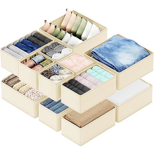 SpaceAid Drawer Organizer Clothes, 12 Pack Dresser Organizer Bins for Nursery, Closet Organization and Storage Dividers for Clothing, Baby Clothes, Underwears, Socks (Beige)