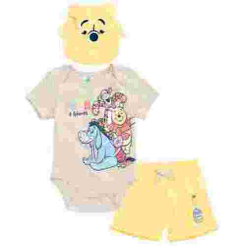 Disney Winnie the Pooh Eeyore Tigger Bodysuit, Shorts and Baseball Cap 3 Piece Outfit Set Newborn to Infant