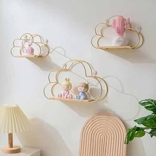 LYZOLICS 3Pcs Metal Cloud-Shaped Floating Shelves - Innovative Decor, Display Ledge, Easy Installation, Effortless Cleaning(Golden 3 Pcs)