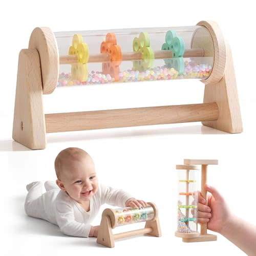 IEATFO Rain Stick Toy with Stand - Sensory Sound Training Tool for Kids, Tummy Time Musical Instrument for Infant Development | Rainmaker with Wooden Base, Clear Tube, Colored Flower Discs and Beads