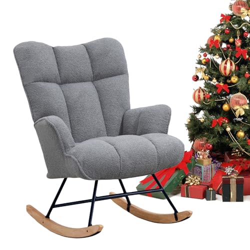 Zedachica Rocking Chair Nursery Teddy Upholstered Glider Rocker Rocking Accent Chair Padded Seat with High Backrest Armchair Comfy Side Chair for Living Room Bedroom Offices (Dark Grey Teddy)