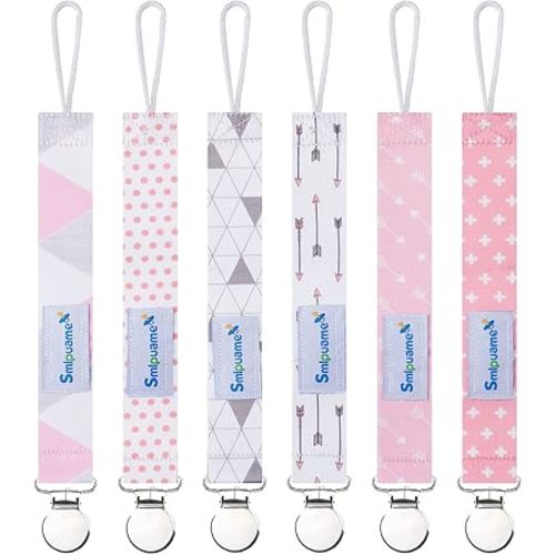 Smlpuame Pacifier Clip Girl,6 Pack Stylish Binky Clips Strap for Baby Girls,Paci Holder with Metal Clip Lightweight Universal Fits Most Pacifiers Teether Toy Soothie,Baby Gifts(Pink & Grey)
