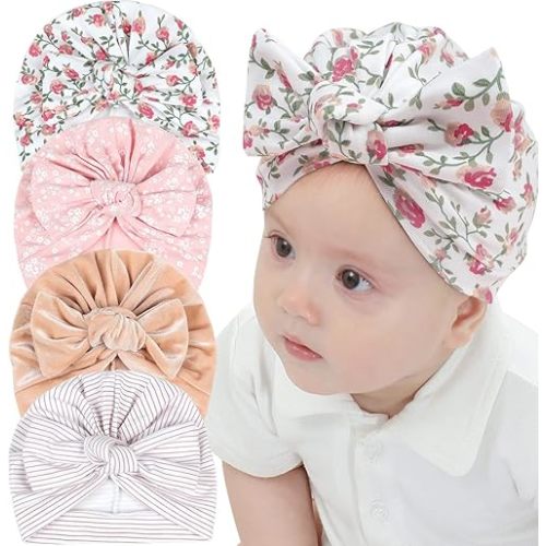 4PCS Baby Turban Hats, Flower Pattern New Born Baby Hats Hospital Hat Beanie Infant Bow Knot Turban for Toddler Girls