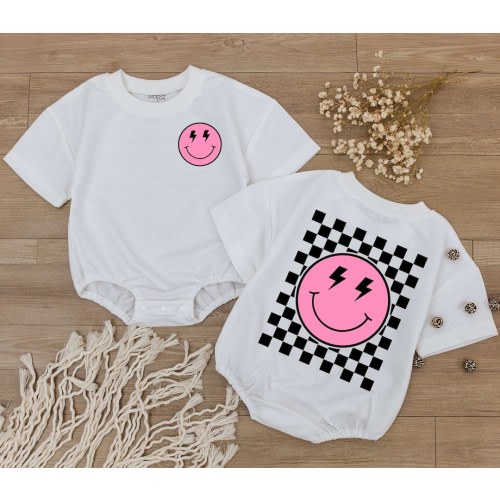 Smiley Face Pink Baby Romper, Happy Face Bodysuit, Checkered tshirt kid, Cute kids Outfit, Retro Shirt, Baby Shower Gift, Newborn Clothes