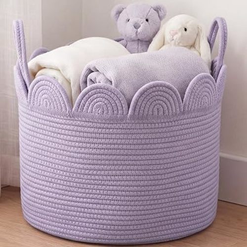 LemonRoad Lavendor Purple Round Basket Large Blanket Basket 15.8" L X 15.8" W X13.8" H Scalloped Woven Baskets Cotton Storage Baskets for Nursery Classroom Closet Blankets Storage Home Decor