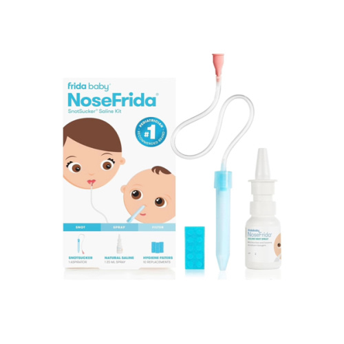 Frida Baby Saline Kit, Cold & Flu 12 pc Set Includes NoseFrida Nasal Aspirator for Baby, Nose Sucker, Saline Nasal Spray with 10 Extra Hygiene Filters, Nasal Spray Decongestant, 0.68 fl oz