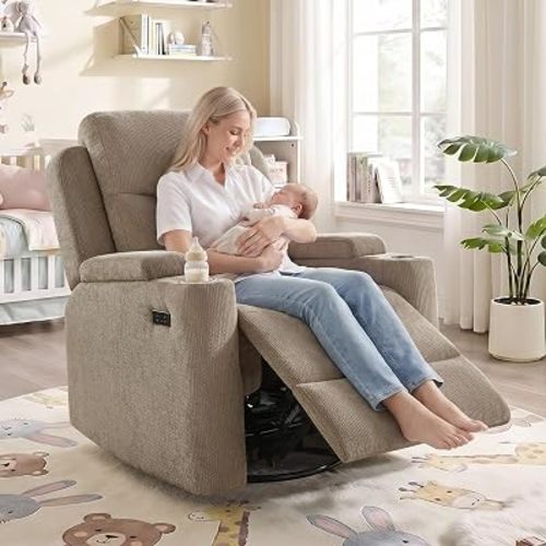 Oversized Nursery Glider Rocking Chair, 270° Swivel Glider Recliner Chair with USB & Type-C Ports, Cup Holders & Armrest Storage, Soft Chenille Nursery Chair for Living Room, Bedroom