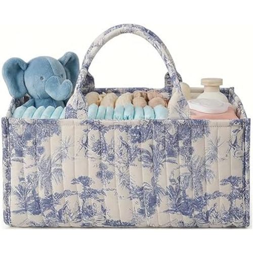 Quilted Fabric Storage Basket Floral Baby Diaper Caddy Quilted Basket Organizer for Newborn Nursery Bedroom Car Storage