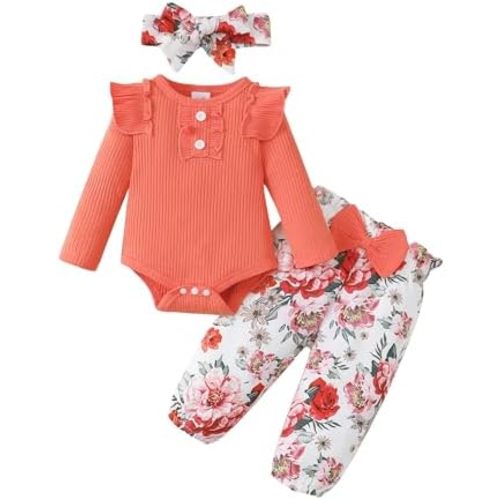SUNNY PIGGY Baby Girl Clothes Infant Newborn Outfits Ruffle Short Sleeve Romper Tops Floral Pants Set With Headband
