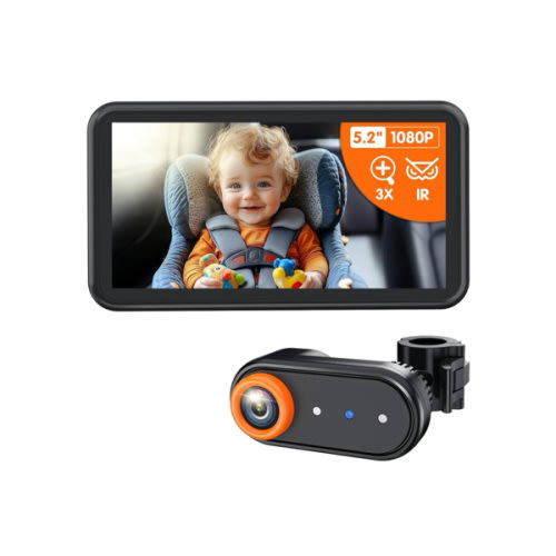 BM2A Baby Car Camera, Night Vision & 5.2" 1080P Display for Rear-Facing Car Seats, Easy No-Damage Install, Patented Anti-Shake Mount – Ideal for Parents and Pet Owners