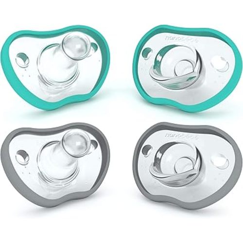 Nanobebe Baby Pacifiers 0-3 Month - Orthodontic, Curves Comfortably with Face Contour, Award Winning for Breastfeeding Babies, 100% Silicone, Baby Registry Gift 4pk,Teal/Grey