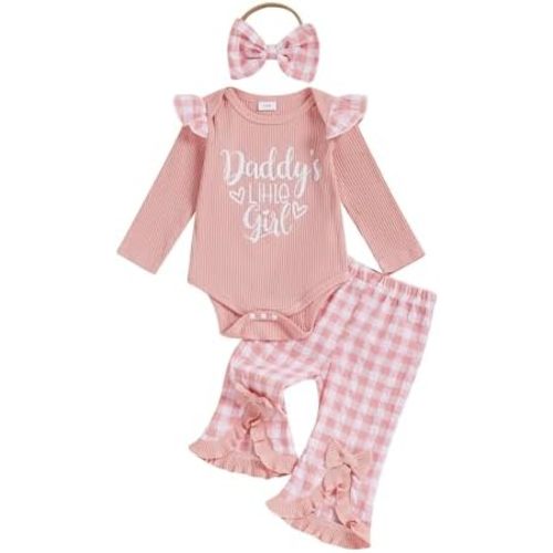 Newborn Baby Girls Outfits Daddy's Little Girl Romper Jumpsuit Bodysuit Plaid Flare Pants Set Fall Winter Clothes