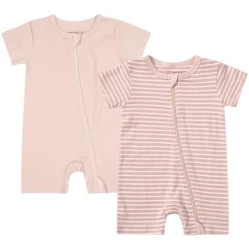 Teach Leanbh Unisex Baby 2 Pack Pajamas Cotton Short Sleeve 2 Way Zipper Stripe Soild Romper Jumpsuit Sleep and Play