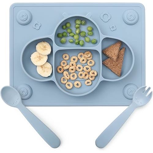 ROCCED Suction Plates for Baby placemat Spoon Fork Set for Toddlers, Silicone Baby Plates with Suction Baby Dishes for Kids Plates-Dusty blue