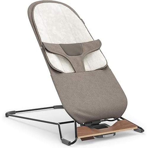 UPPAbaby Mira Bouncer/Portable 2-in-1 Bouncer + Seat Grows with Your Baby/GREENGuard® Gold, JPMA + FSC® Certified/Cozy Seat Liner + Storage Bag Included/Wells (Taupe Mélange/Black Chrome/Walnut Wood)
