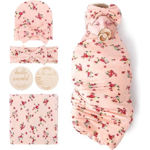 DRESHOW BQUBO Baby Girl Newborn Floral Receiving Blankets with Bow Hat Headband Wooden Birth Announcement Card Set Newborn Baby Swaddling Hats Sleepsack Toddler Warm Shower Gift