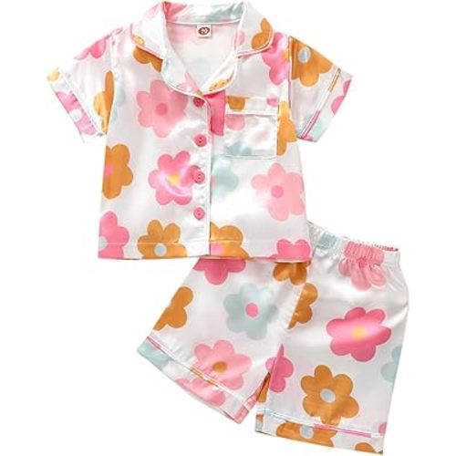 MAINESAKA Baby Girl Short Sleeve Button Down Tops And Shorts Snug Fit Pajamas Set 2 Piece Silk Satin Pjs Summer Sleepwear