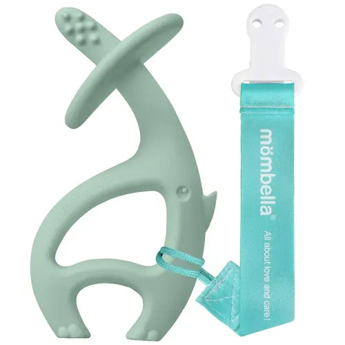 Teething Toys 3 Months Up with Clip Strap, Mombella Elephant Teethers for Babies3 Months+, Soft Silicone Infant Chew Toy, Baby Teething Relief, Ideal Newborn Gifts, Green