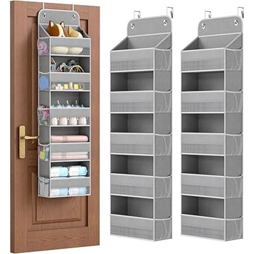 LAMU 5 Tier Over the Door Organizer Hanging, 5 Large Pockets and 10 Side Pockets Behind Door Storage for Baby Clothes, 44lbs Back of Door Organizers for Closet, Nursery and Bathroom, 2 Pack (Grey)
