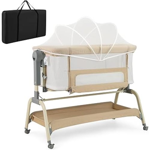 BABY JOY 4 in 1 Baby Bassinet with Mattress, Baby Bedside Sleeper w/Rocking Mode, 6 Adjustable Height, Mosquito Net & Lockable Wheels, Portable Baby Cradle w/Carry Bag (Beige)