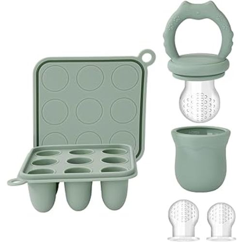 Socub Silicone Baby Fruit Food Feeder & Baby Food Freezer Tray Combo, Breastmilk Popsicle Molds for Baby Teething Relief, Baby Food Storage Containers for Toddlers Self Feeding, 4 Month+(Sage)