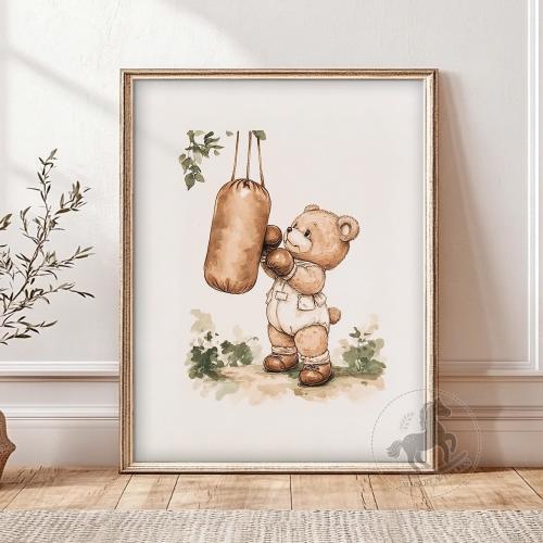 Teddy Bear Boxing Art Print: Vintage Nursery Decor (Digital Download)