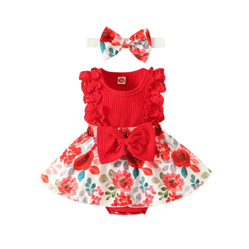 0-3 Months Baby Girl Clothes Newborn Romper Dress Infant Ruffle Sleeveless Summer Outfits with Headband Girls' Round Neck Sleeveless Stripe Lace Patchwork Flower Print Jumpsuit Red
