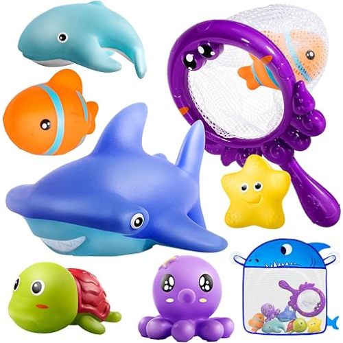 No Hole Bath Toys for Kids Ages 1-3, 8 Pcs Ocean Bath Toys with Storage and Net, Sealed & Squeezable & Float on Water