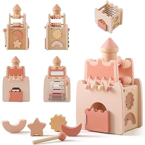 Wooden Baby Activity Cube for Toddlers 1 Year Old,5 in 1 Shape Sorter Abacus Beads Montessori Toys for Baby Girl 6 Months+, Early Educational Learning Toy for Girls 1 Year Up