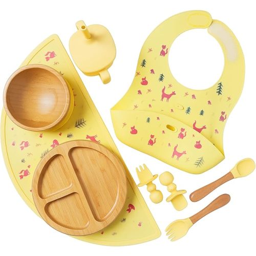 Bamboo & Silicone Baby Feeding Set 8 PCS | Baby Led Weaning Supplies Self Feeding | Divided Suction Plate Bowl Bib Sippy Cup with Straw Utensils Baby Bowls and Spoons Toddler Feeding Set (Yellow)
