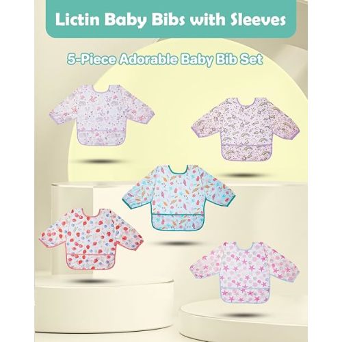 Lictin Long Sleeve Bibs 5 Pack - Baby Bibs, Waterproof Toddler Bibs, Baby Smock for Eating, Baby Bibs for Feeding Teething