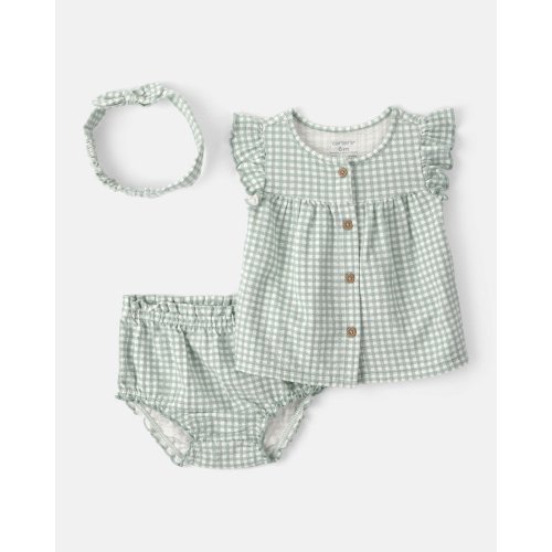 Baby Girl 3-Piece Gingham Top & Short Set - Green
