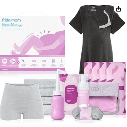 Frida Mom 15pc Labor & Postpartum Kit Gift Set for Baby Showers & Mom to Be, Includes Peri Bottle, Nursing Gown, Disposable Underwear, Ice Maxi Pads, Pad Liners, Perineal Foam, Socks & Toiletry Bag