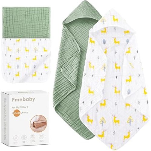Hooded Baby Towels for Newborn, 2 Pack 36x36Inch Muslin Cotton Baby Bath Towel and 2 Pack 12x12Inch Washcloth Set with Hood for Babies, Toddler and Kids, Essentials Must Haves(Green and Beer)