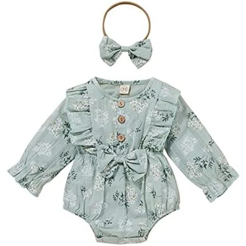 2pcs Infant Baby Girls Romper Dress Headband Long Sleeve Clothing Flowers Newborn Boho Girl Outfit Jumpsuit Clothes