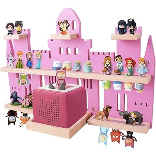Tonie Shelf Castle for Toniebox,Wall Mounted Tonie Shelf Set,Tonie Figures Tonie Storage,Magnetic Wooden Floating Shelves Compatible with Toniebox for Kids Room (Pink)