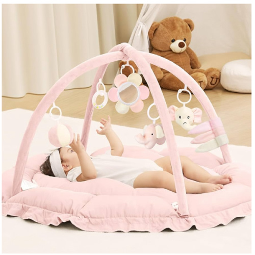 ANGELBLISS 5 in 1 Baby Play Gym Mat, Reversible Tummy Time Mat with 5 Sensory Toys for Stage-Based Developmental, Thick & Large Baby Activity Center from Newborn to Toddler (Pink)